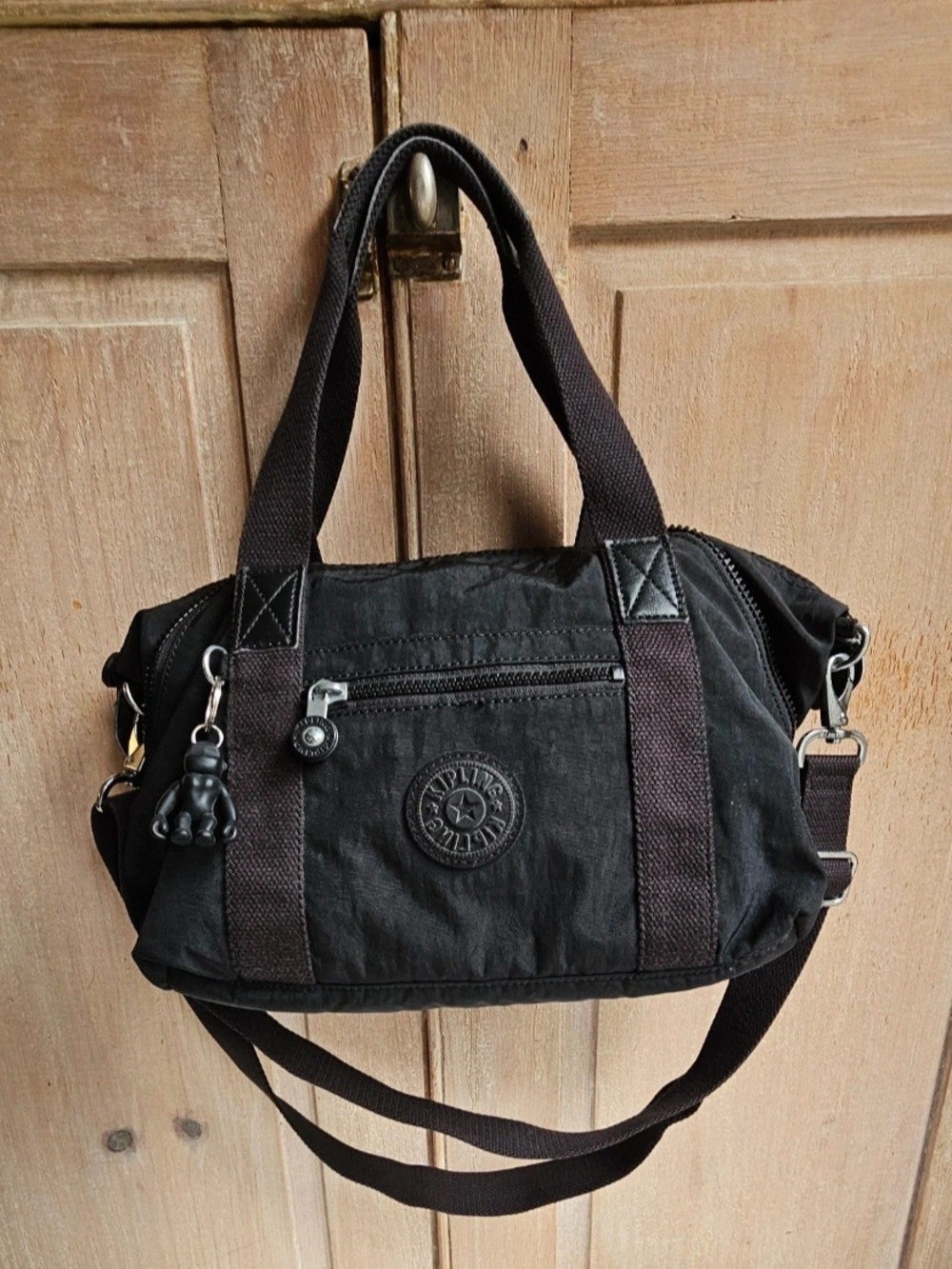 Kipling Black Nylon Duffel with Crossbody Strap and Monkey Charm